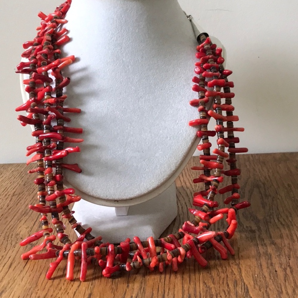 Native American Coral and Pen Shell Sterling Silver Necklace
